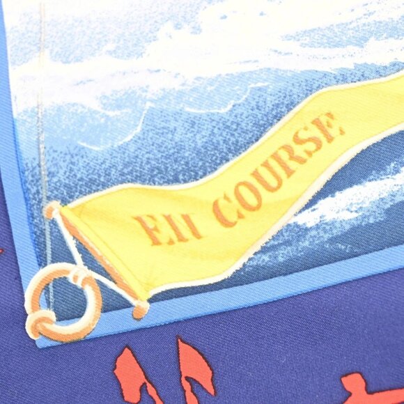 HERMES Logo XL "En Course" Carre 90 Scarf 100% Blue France 63RP008 - Picture 6 of 13